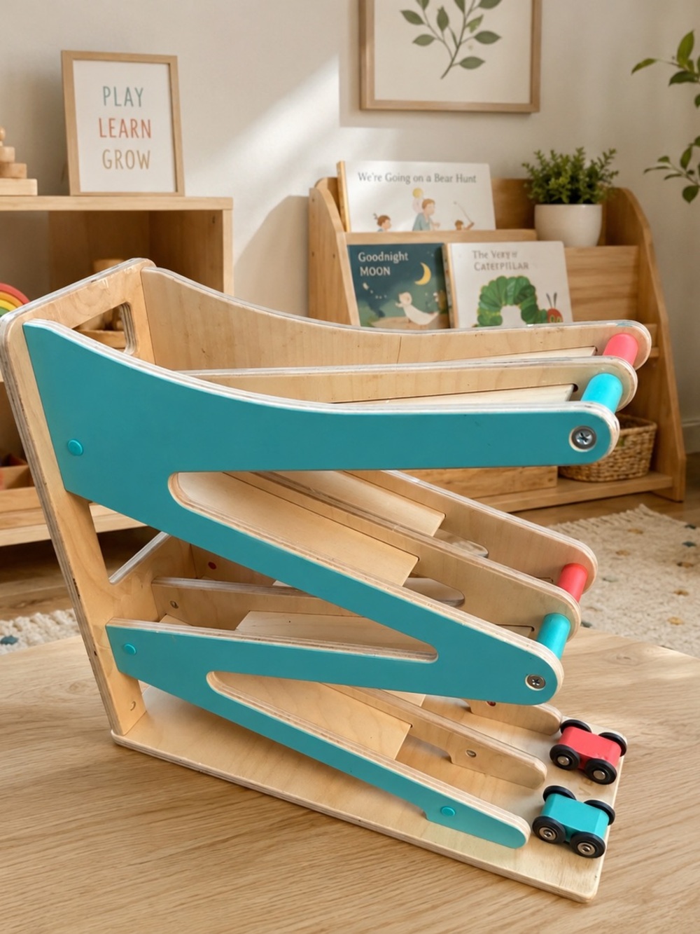 Wooden Multi-Level Car Ramp Racer - Turquoise and Pink